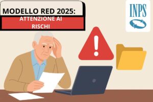 Anziano davanti al pc e scritta "Modello Red 2025: attenzione ai rischi"