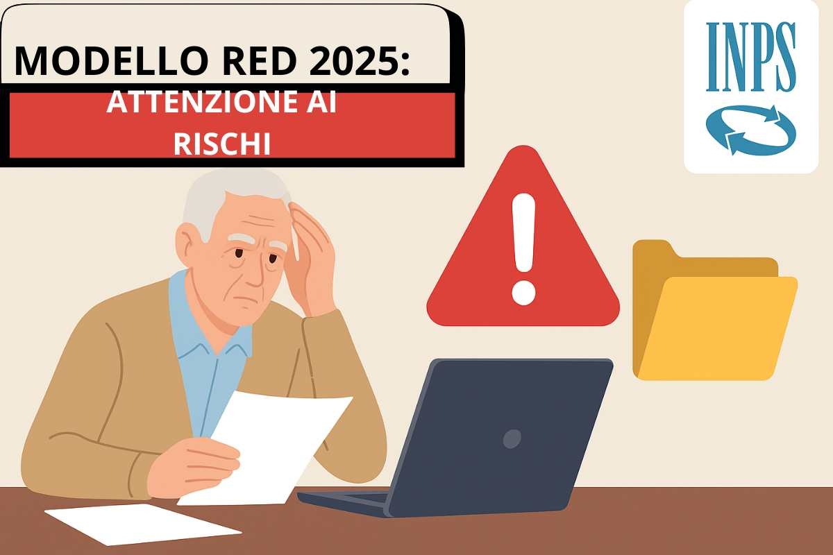 Anziano davanti al pc e scritta "Modello Red 2025: attenzione ai rischi"