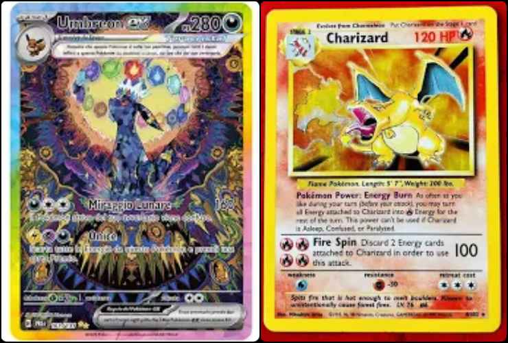 Carte Pokémon Charizard Holo del Base Set del 1999 e Umbreon EX – 161/131 – Alternative Art
