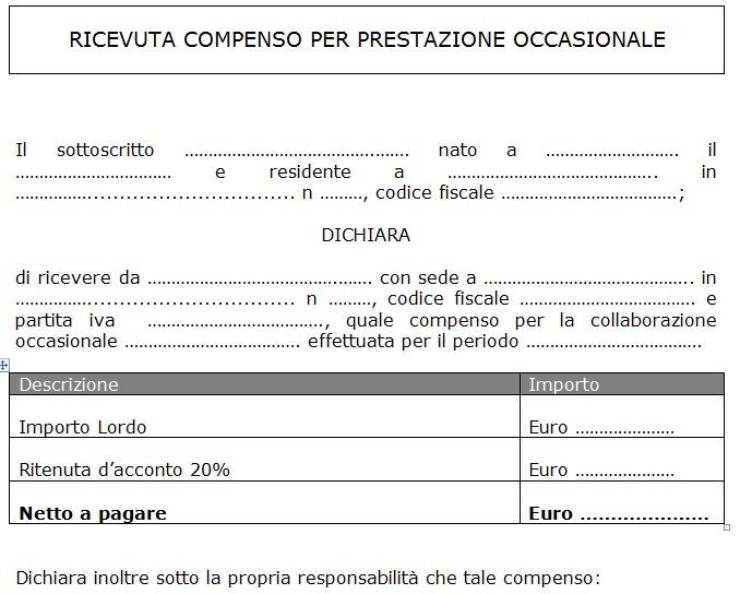 Fac-simile ricevuta prestazione occasionale