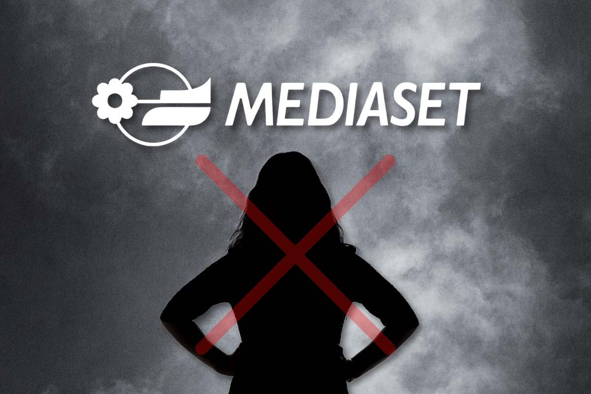 Nebbia, logo Mediaset e sagoma femminile con croce