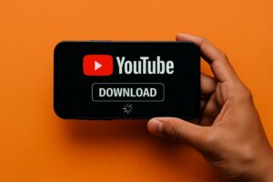 Smartphone in mano con logo YouTube e scritta "download"