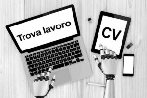 Illustrazione robot che cerca lavoro con pc, tablet e telefono