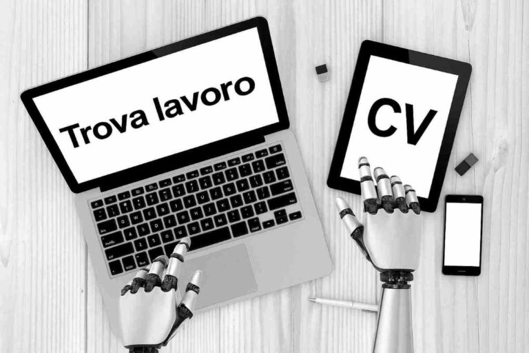 Illustrazione robot che cerca lavoro con pc, tablet e telefono