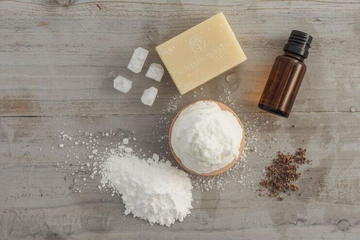 Ingredienti come sapone, polveri, olio essenziale